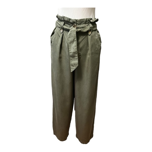 Zara Paper Bag Belt Tie Pants, Army Green, size XS - Picture 4 of 13